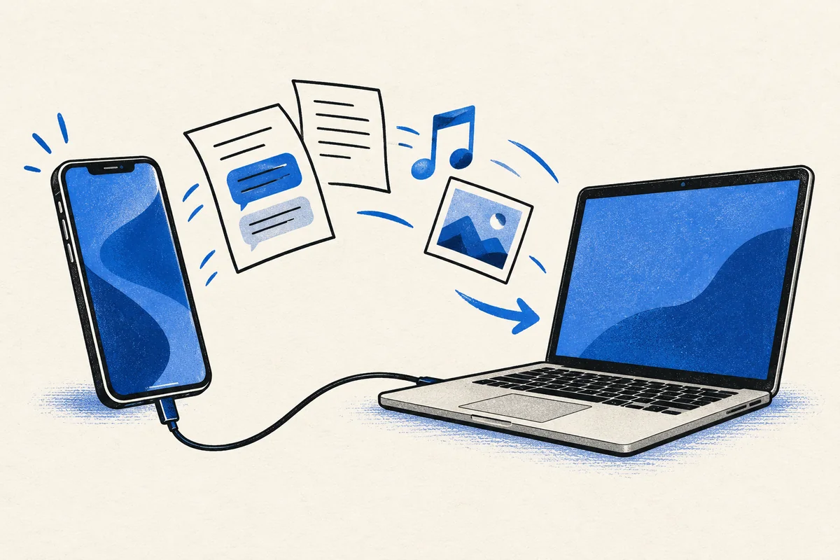 Illustration of chats, music, and photos moving from a phone to a laptop